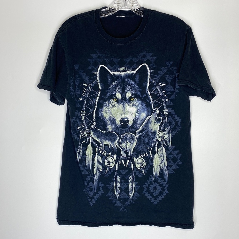 Vintage Black Native American Wolf Dream Catcher Black Short Sleeve Tshirt M/L